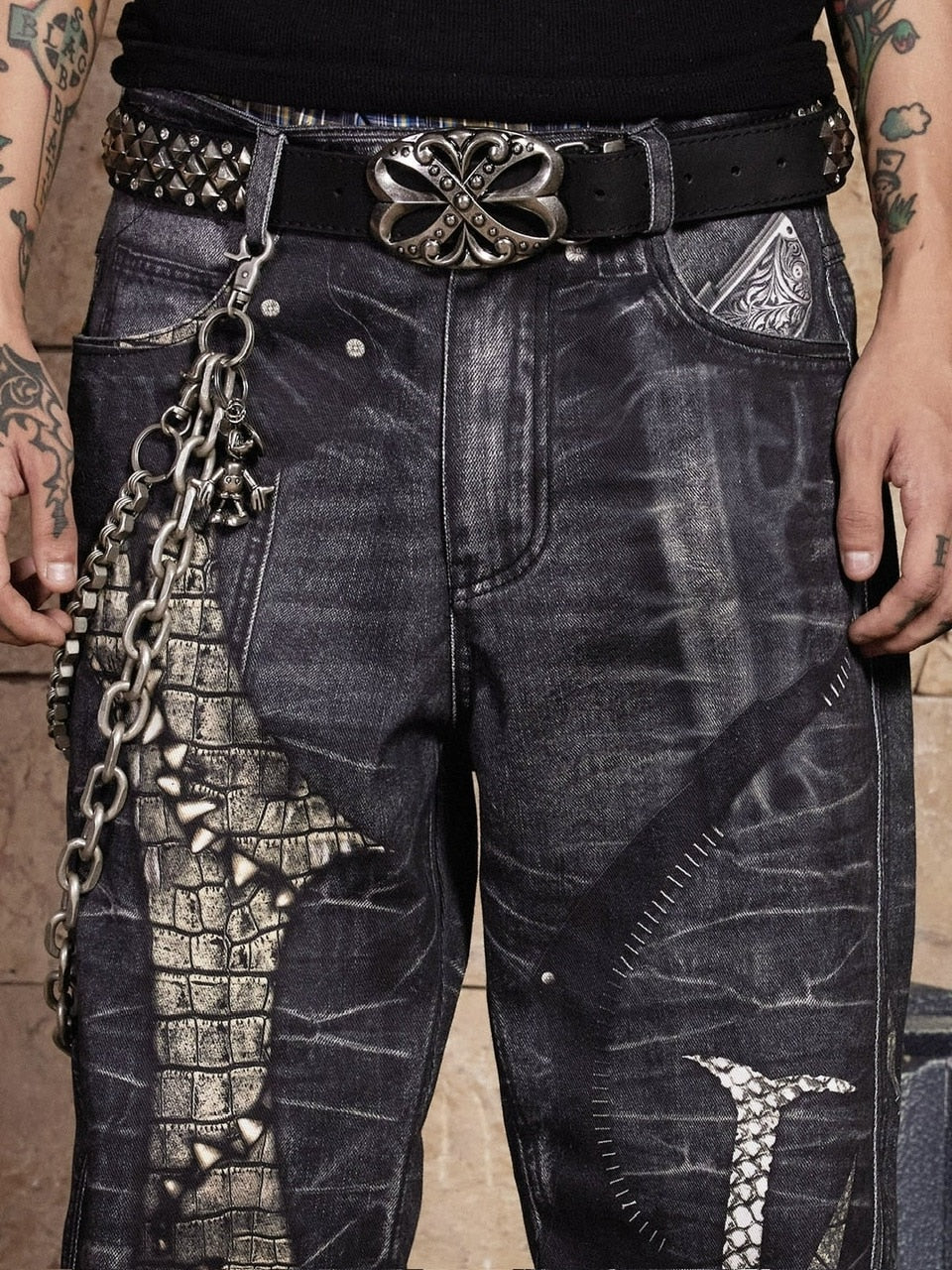 【DND4DES】LEATHER CROSS SPLICING PRINTED JEANS