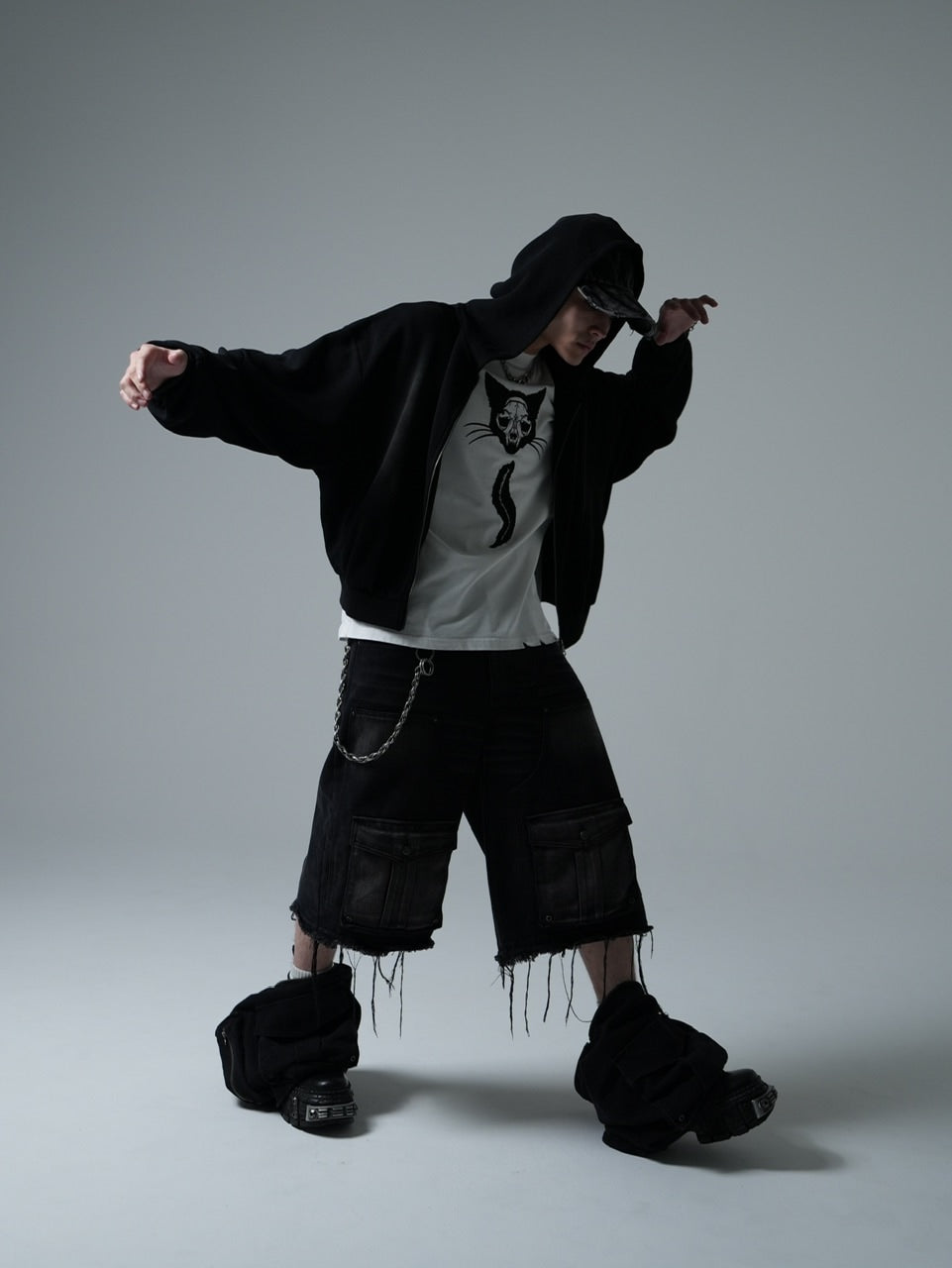 【CHIKASHITSU PLUS HIGH】Layered zip cargo denim pants