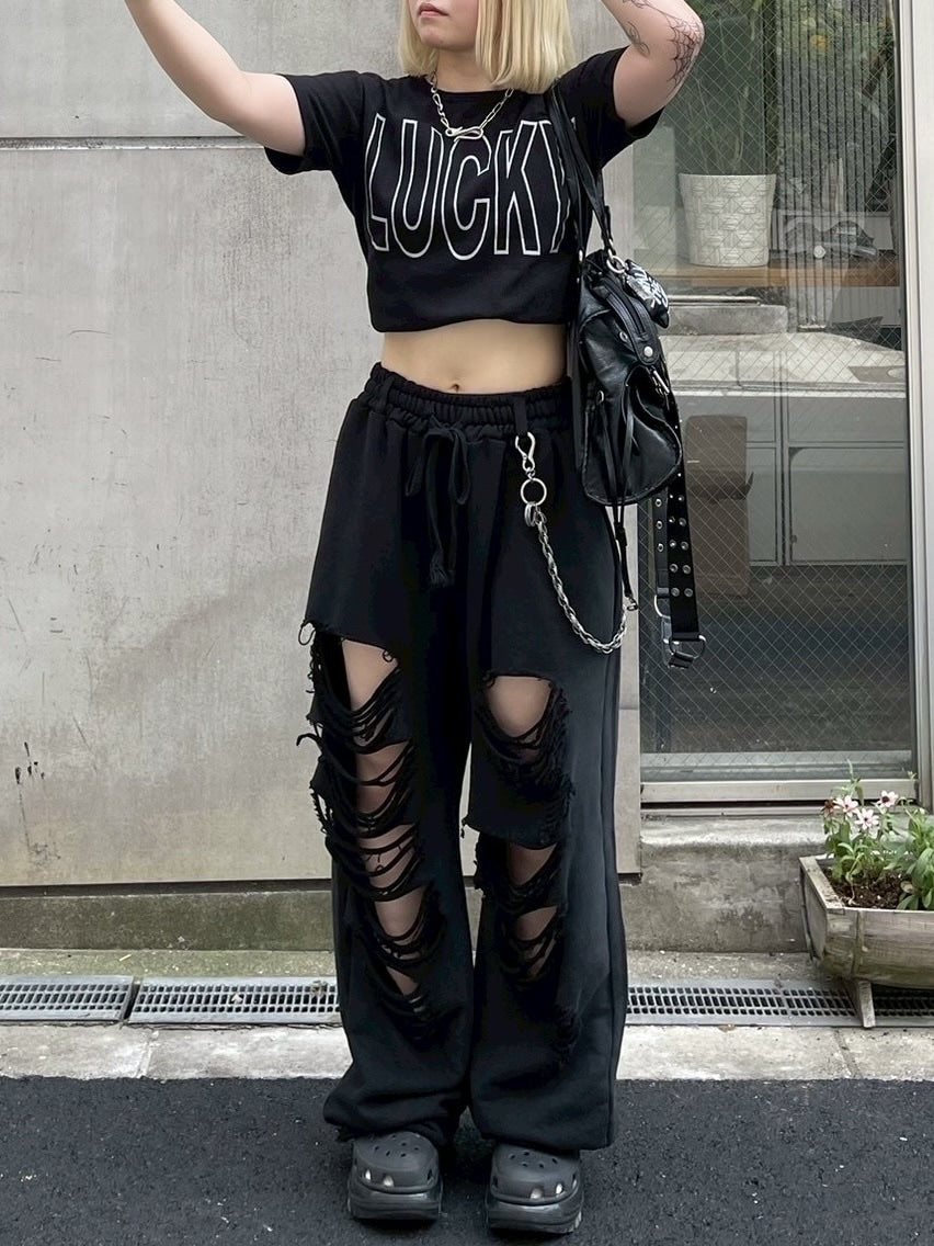 受注制【Chikashitsu +】oiled wash damage sweat pants / 【チカシツプラス】オイルドウォッシュダメージスウェットパンツ (2color)