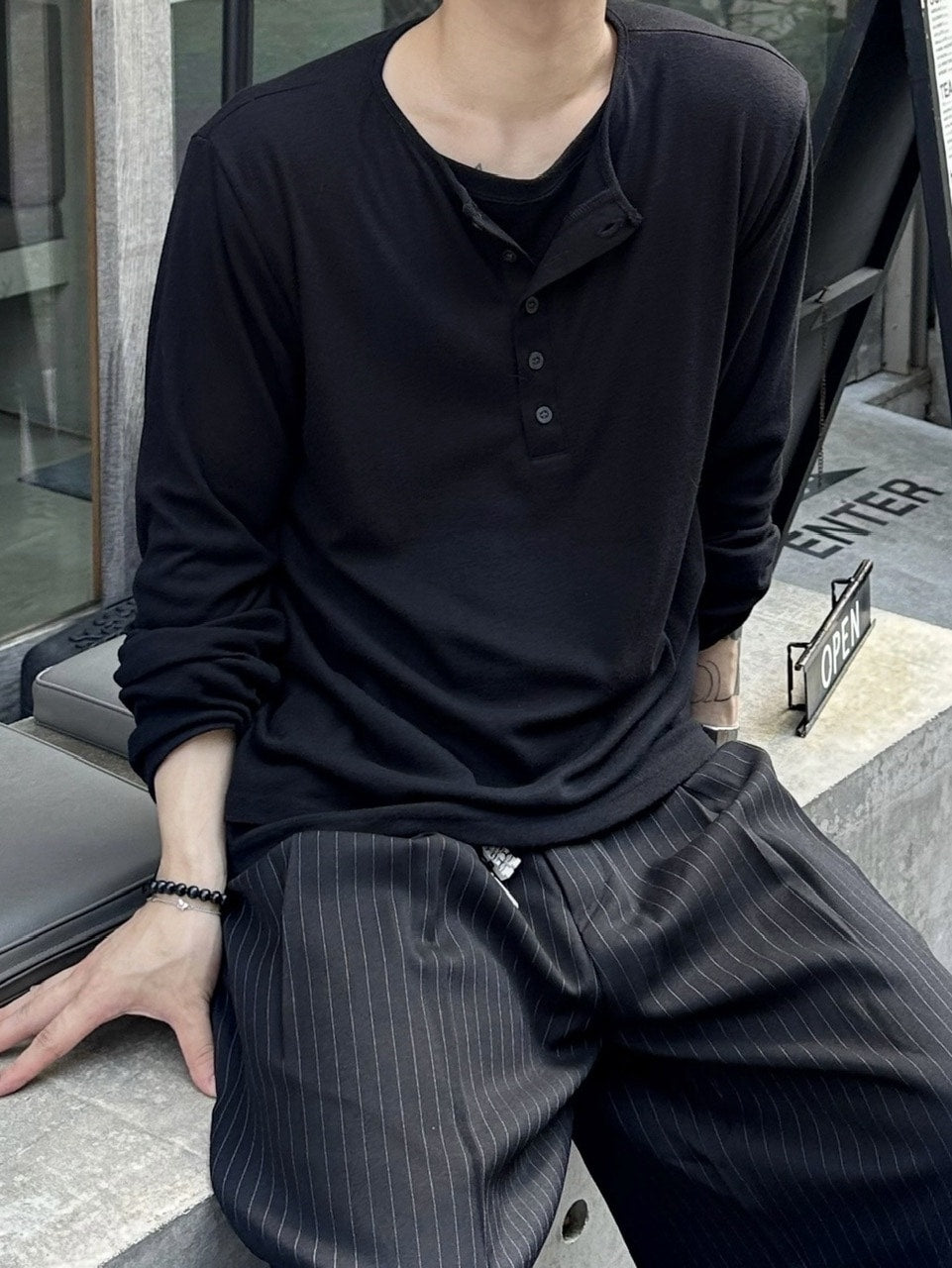 大阪店WEB限定【Chikashitsu +】layered henry neck long sleeve / 【チカシツプラス】レイヤードヘンリーネック長袖Tシャツ (3color)