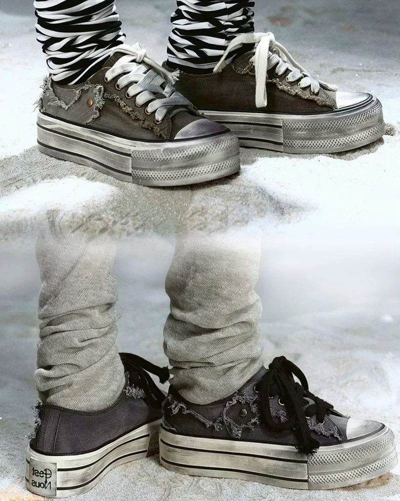 【Cest Nous】Distressed Canvas Sneakers / 【セヌー】ダーティーデニムキャンバス厚底スニーカー