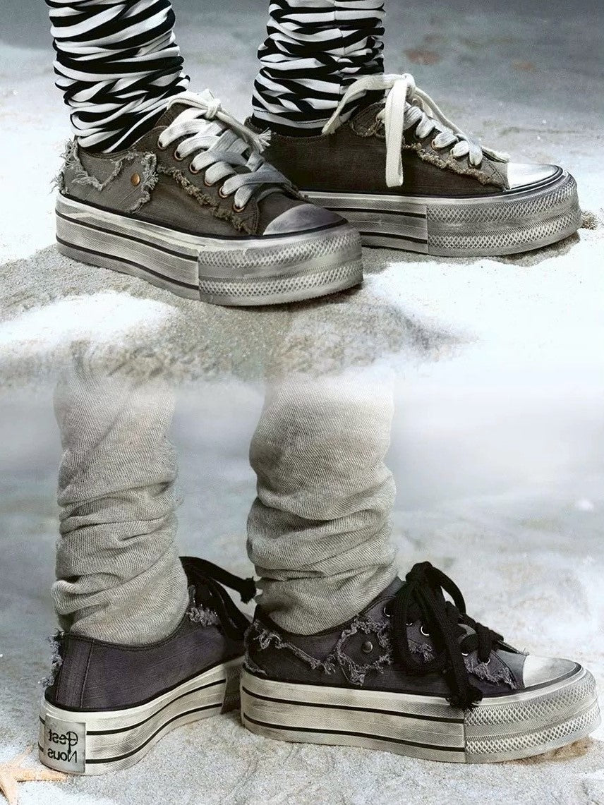 【Cest Nous】Distressed Canvas Sneakers / 【セヌー】ダーティーデニムキャンバス厚底スニーカー