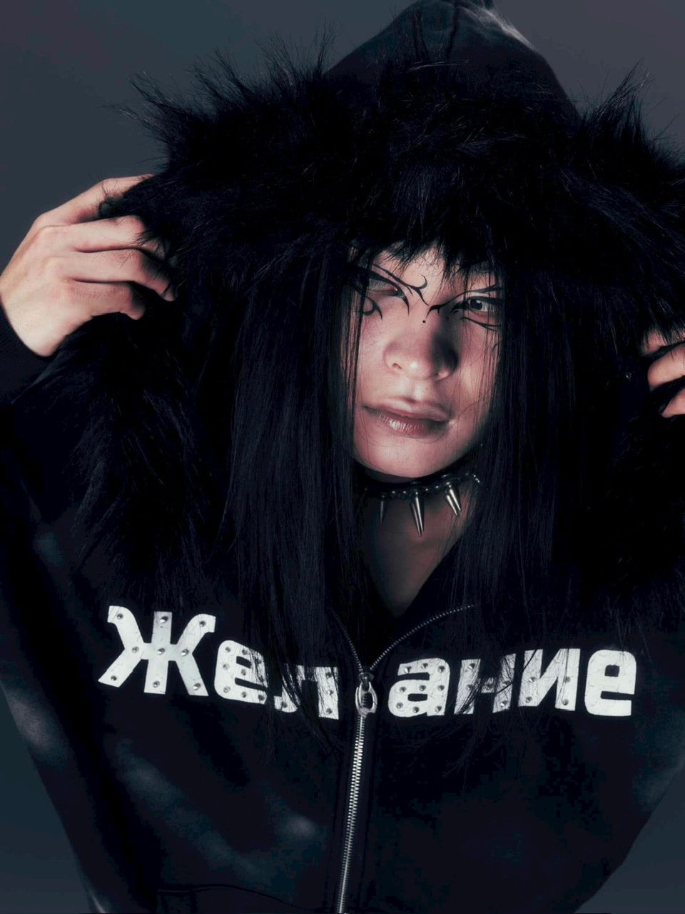 【DIG YOUR OWN GRAVE】Желание FUR HOODIE /【ディグユアオウングレイブ】ファーフードフードジェラーニエロゴジップアップパーカー