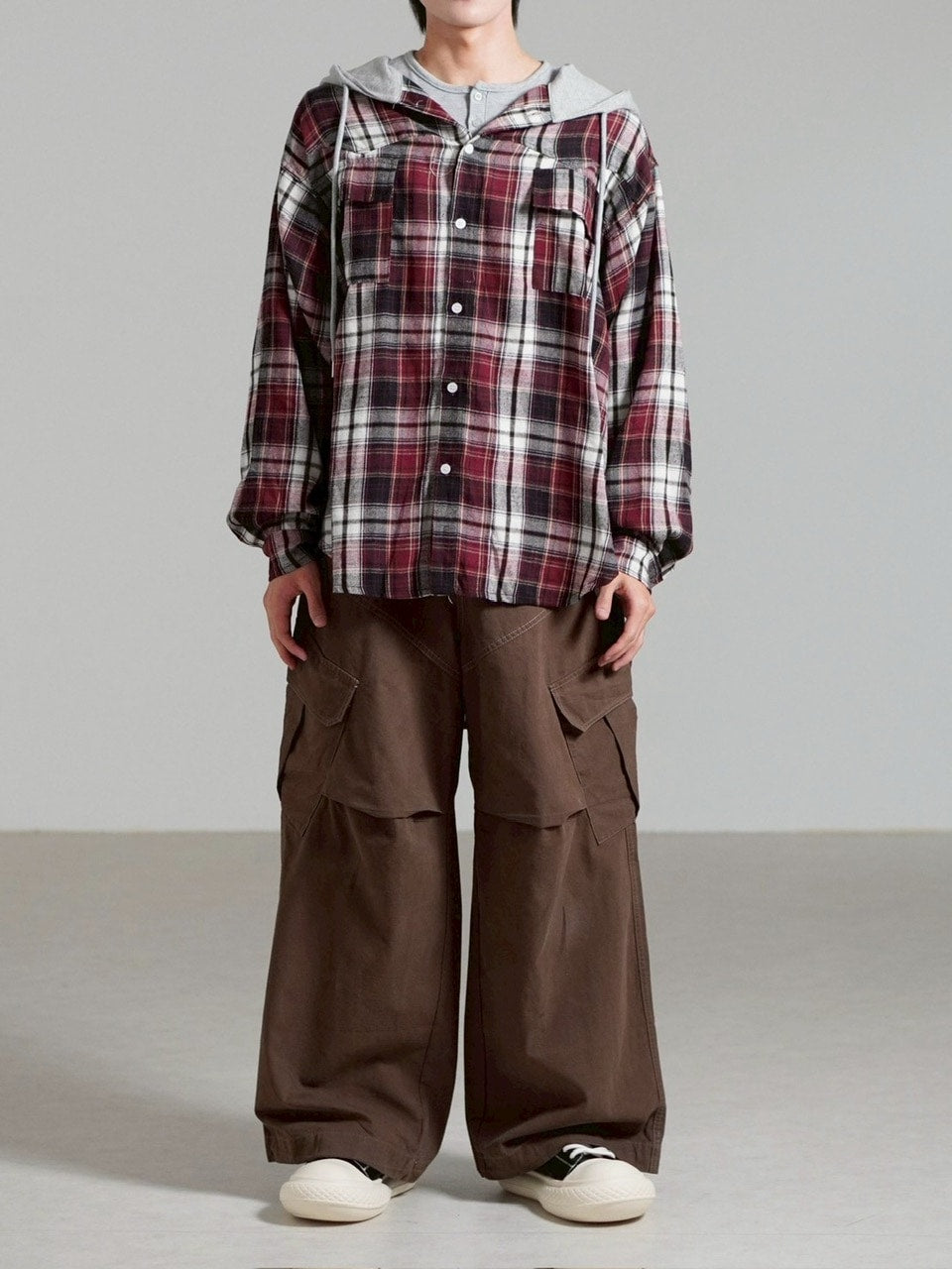 受注制【Chikashitsu +】hood mix check hoodie / 【チカシツプラス】フードミックスチェックパーカー (3color)