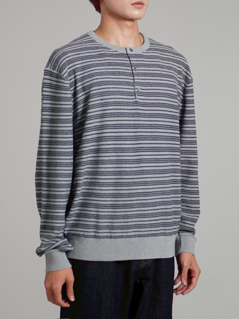 受注制【Chikashitsu +】cropped henry neck border knit / 【チカシツプラス】クロップドヘンリーネックボーダーニット (3color)