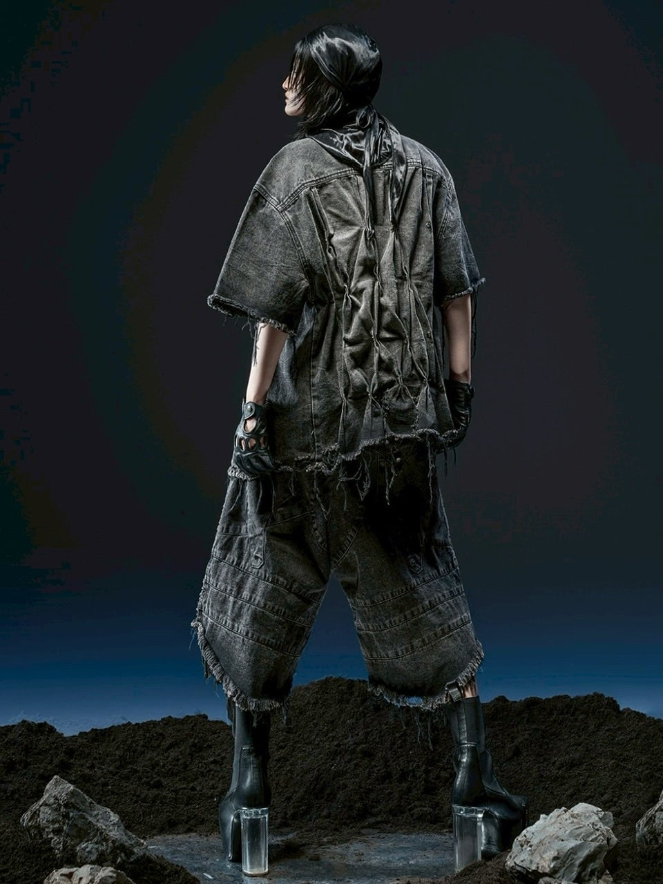 1/2 20:00再販【RICH】Knight Wide Waxed Short Pants/ 【リッチ】デザインデニムダメージハーフパンツ