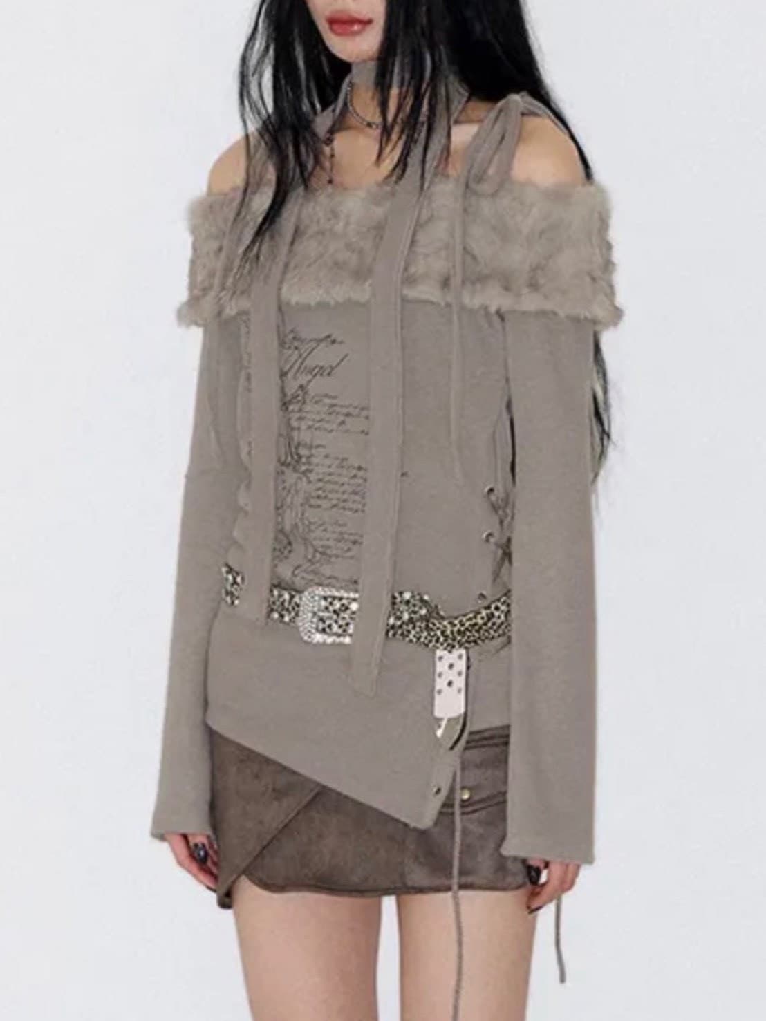 【NOT KNOWING】Fur Off Shoulder Lace Up Top