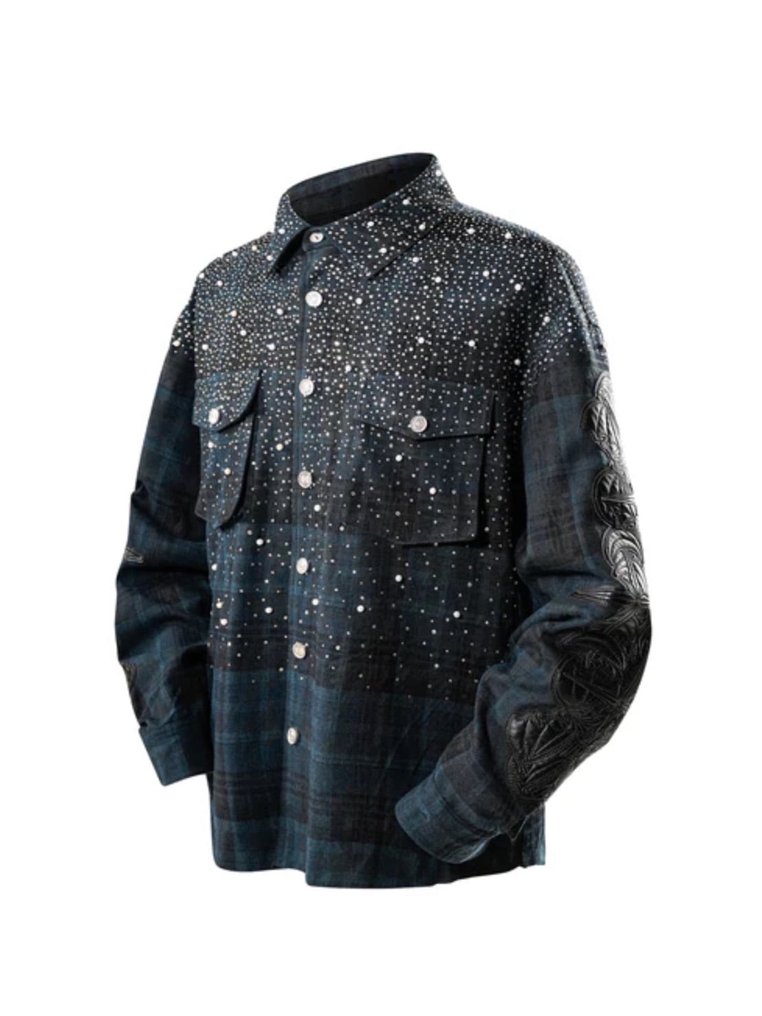 【The Boy Has No Patience】TBHNP LUMINOUS DAWN RHINESTONE PEARL BAT PATTERN L-S SHIRT / 【ザボーイハズノーペーシェンス】ラインストーンチェックシャツ