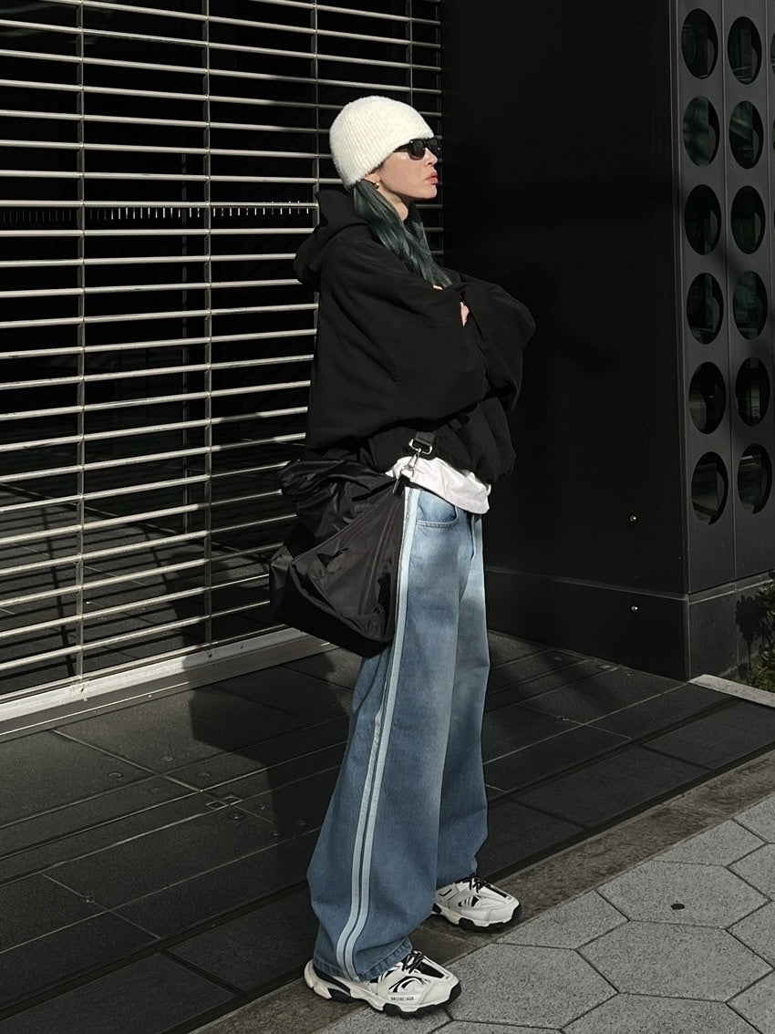受注制【Chikashitsu +】oversized side line denim pants (2color)