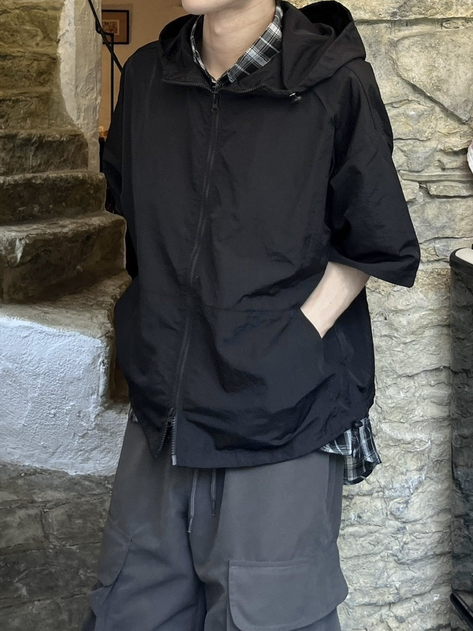 受注制【youll】half sleeve nylon hooded blouson (2color)