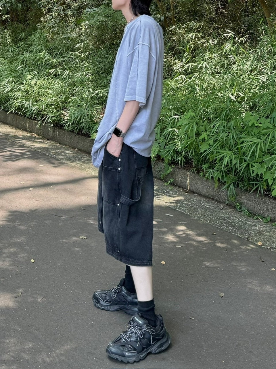 受注制【Chikashitsu +】studs design denim half pants (2color)