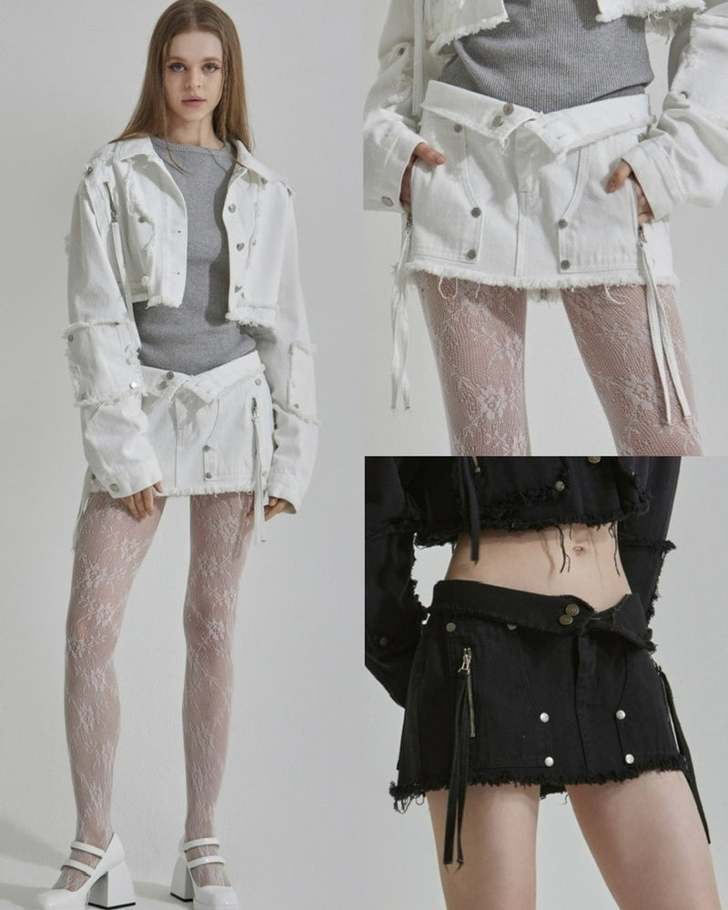 【GATELESS】RIVET FRINGE DENIM MINI SKIRT