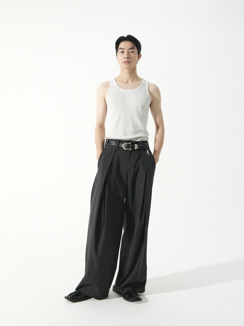【CS】stripe cross tuck drape slacks (gray)