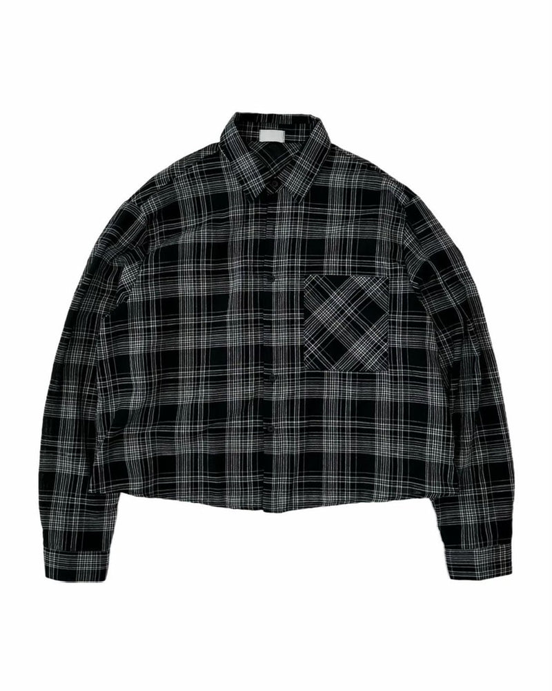 受注制【Chikashitsu +】cropped linen check shirt (3color) / 【チカシツプラス】クロップドリネンチェック長袖シャツ