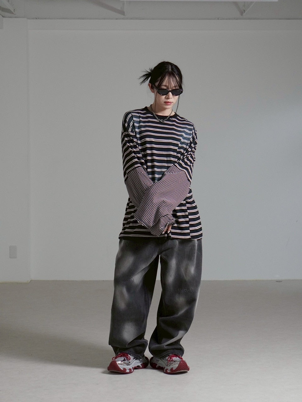 【Chikashitsu +】oversized layered border washed long sleeve / 【チカシツプラス】オーバーサイズウォッシュドレイヤードボーダー長袖Tシャツ(2color)