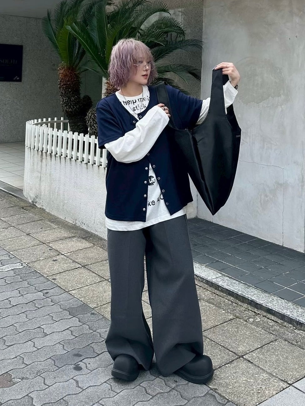 【Chikashitsu +】croque lettering long sleeve / 【チカシツプラス】モックネックレタリング長袖Tシャツ(2color)