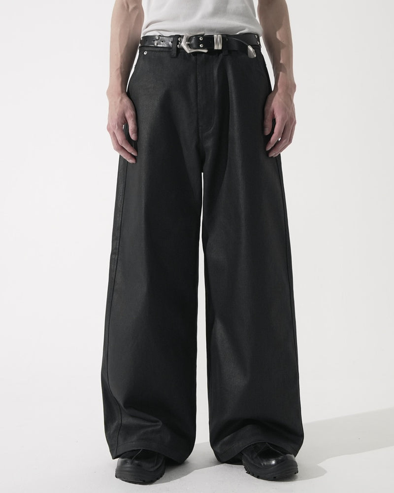 【CS】coated wide denim pants (black)