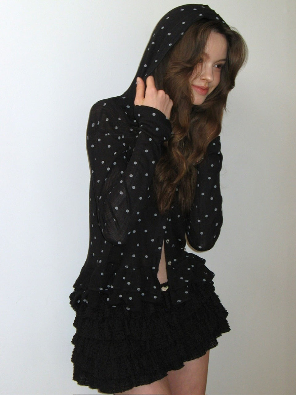 【CRANK】DOT FRILL SHEER HOOD CARDIGAN