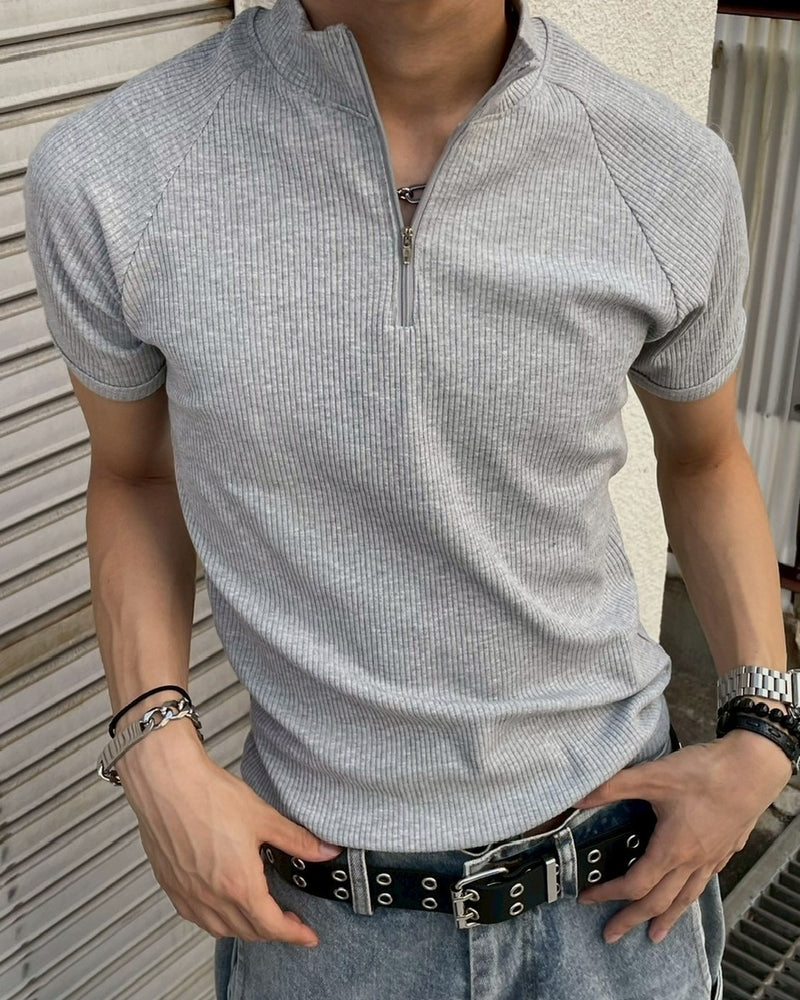 受注制【Chikashitsu +】mockneck zip half sleeve t-shirt / 【チカシツプラス】モックネックジップ半袖Tシャツ (3color)
