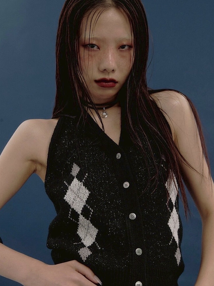 【NOT KNOWING】Argyle Linen Knit Halter Top / 【ノットノーイング】アーガイルリネンニットホルターベスト