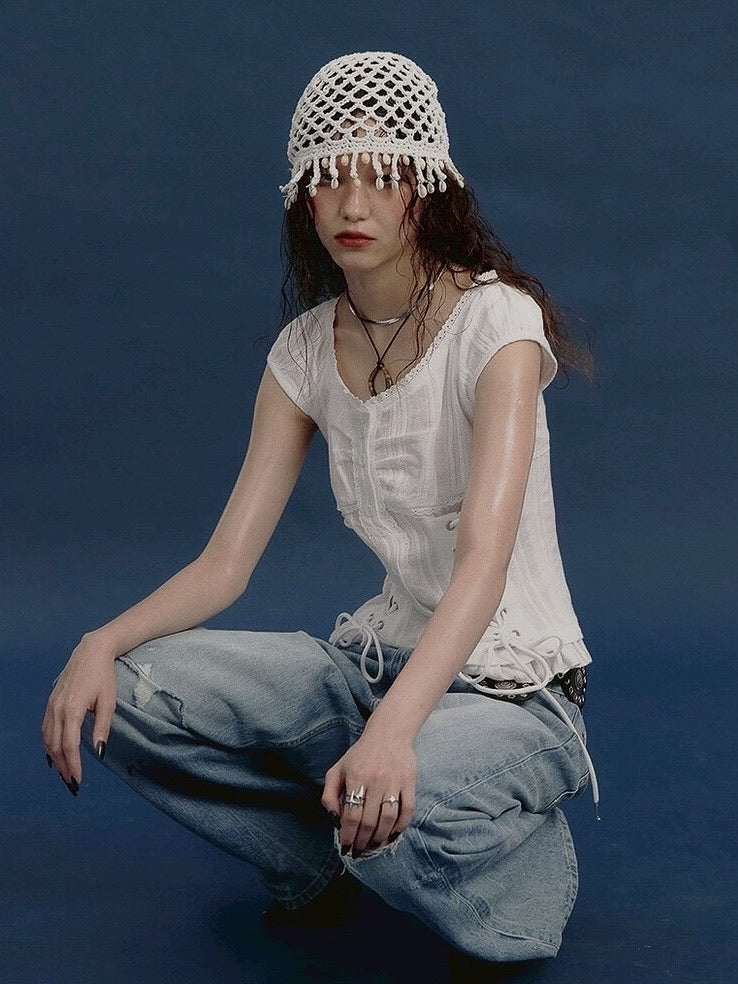 【NOT KNOWING】Eyelet Lace Up Blouse / 【ノットノーイング】アイレットレースアップブラウス