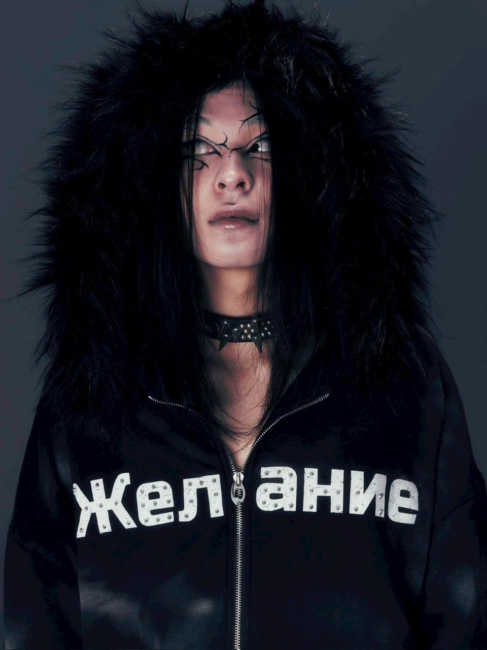 【DIG YOUR OWN GRAVE】Желание FUR HOODIE /【ディグユアオウングレイブ】ファーフードフードジェラーニエロゴジップアップパーカー