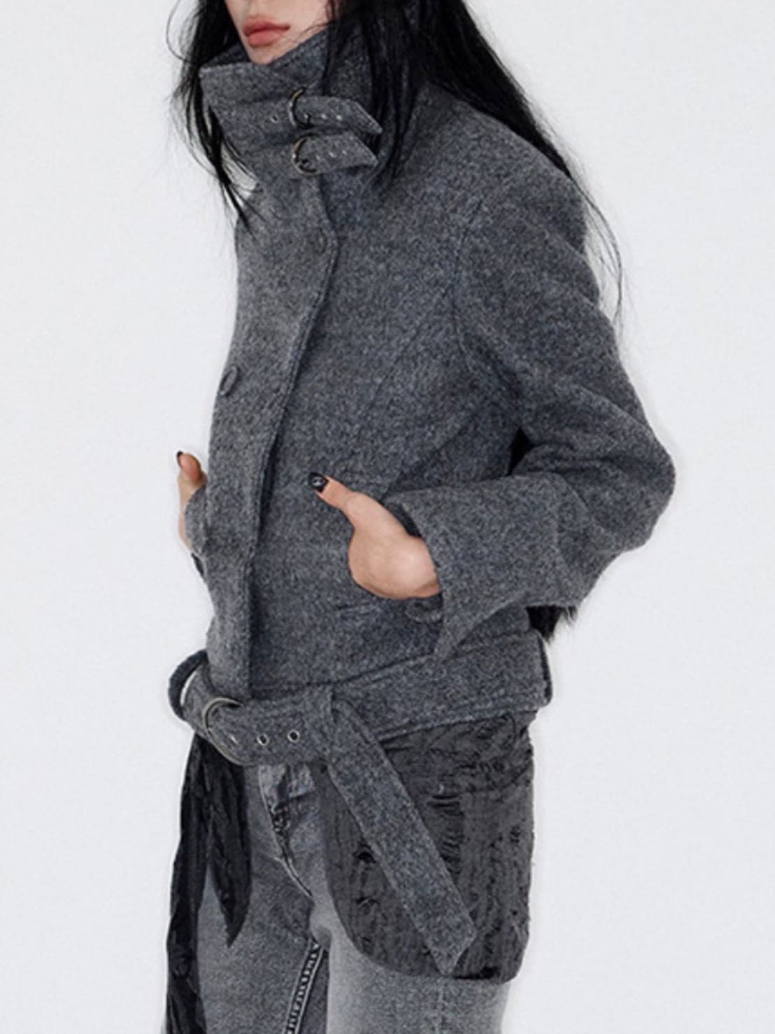【NOT KNOWING】Double Belted High-Neck Coat