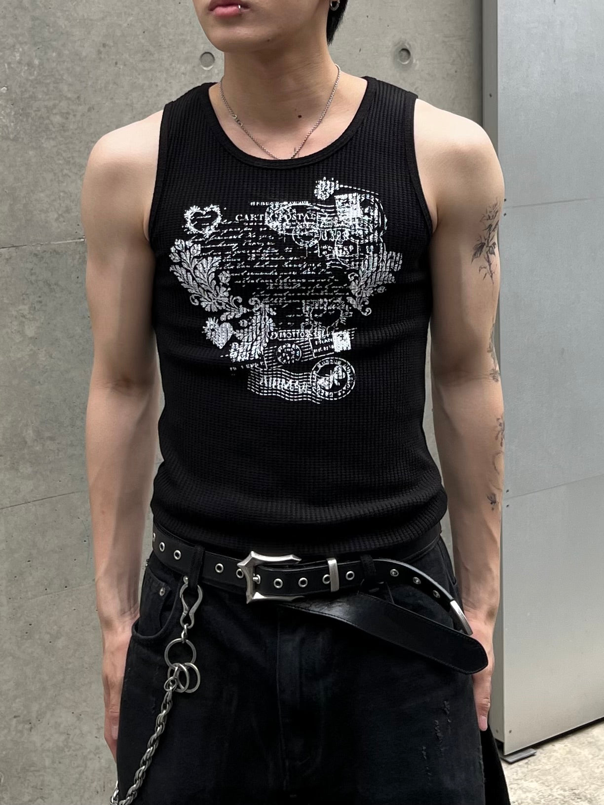大阪店WEB限定受注制【Chikashitsu +】graphic waffle tank (2color)