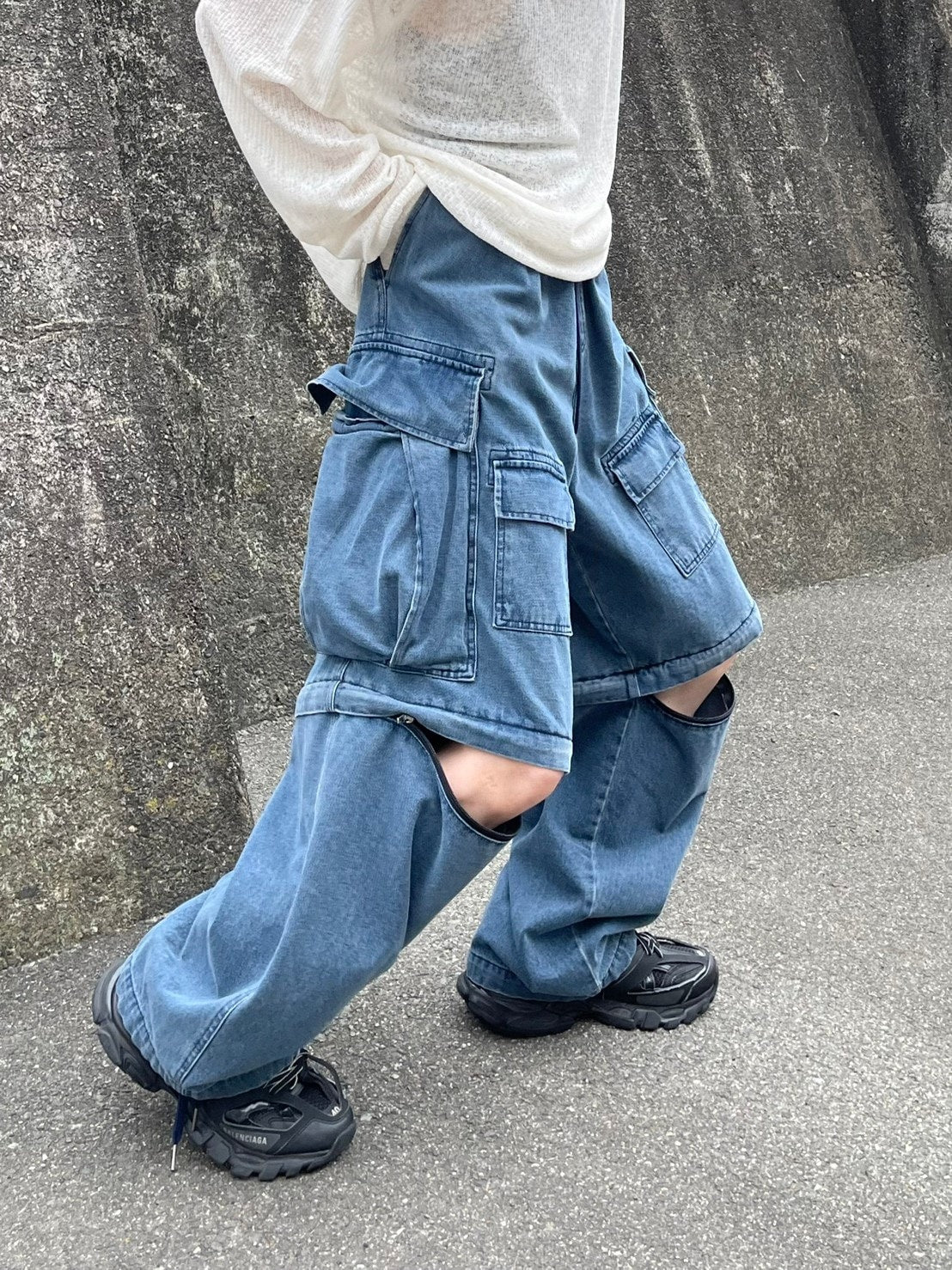 受注制【Chikashitsu +】2way heavy pocket denim cargo pants (2color)