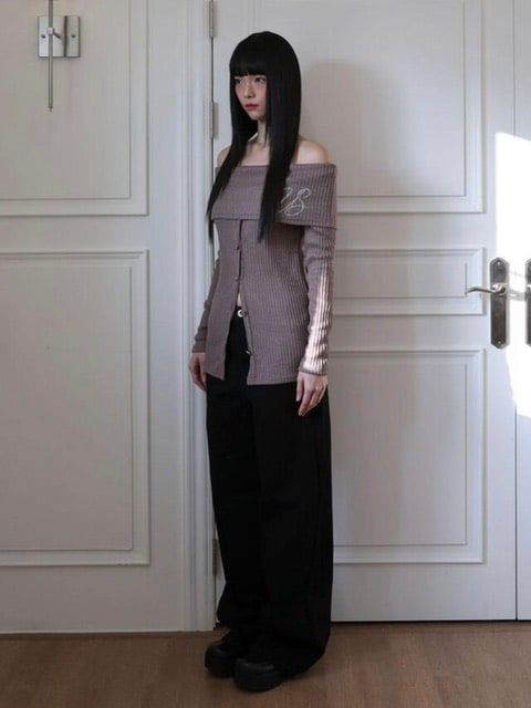 【Uglyshadow】BEAD KNIT OFF-SHOULDER / 【アグリーシャドウ】ビーズロングオフショルダー長袖カーディガン