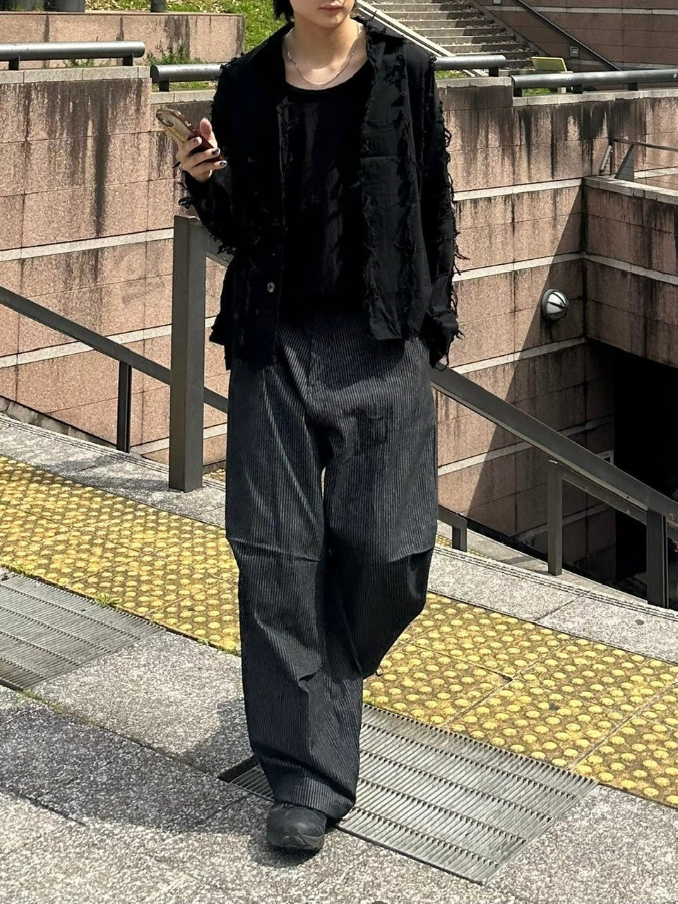 受注制【Chikashitsu +】snap button hickory stripe pants / 【チカシツプラス】スナップボタンヒッコリーストライプデニムパンツ