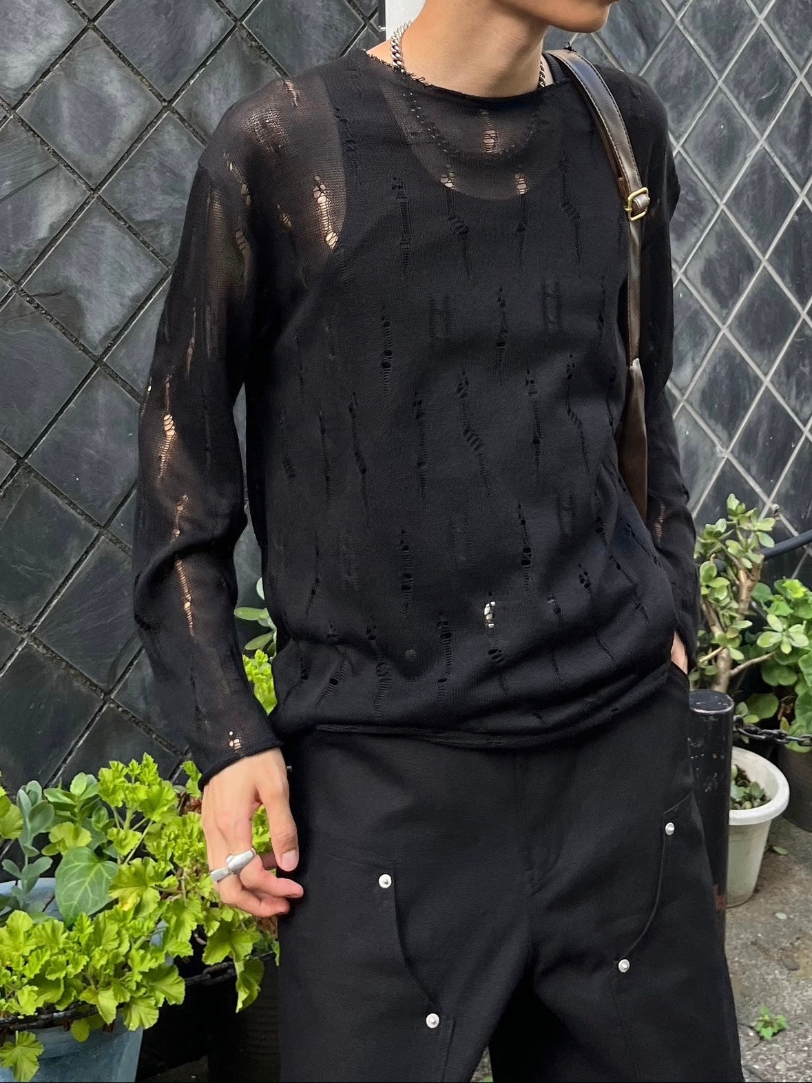 受注制【Chikashitsu +】shoulder button damage summer knit (3color)