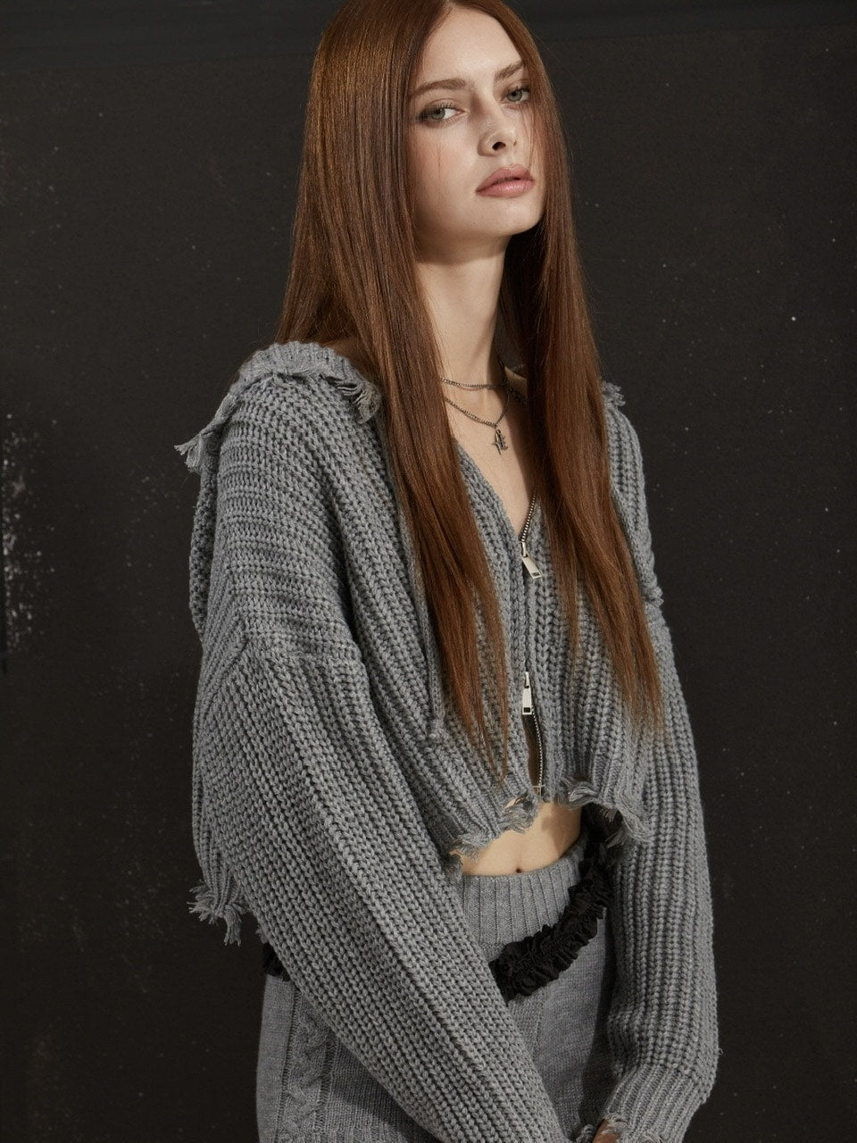 【GATELESS】RIB KNIT ZIP-UP HOODIE
