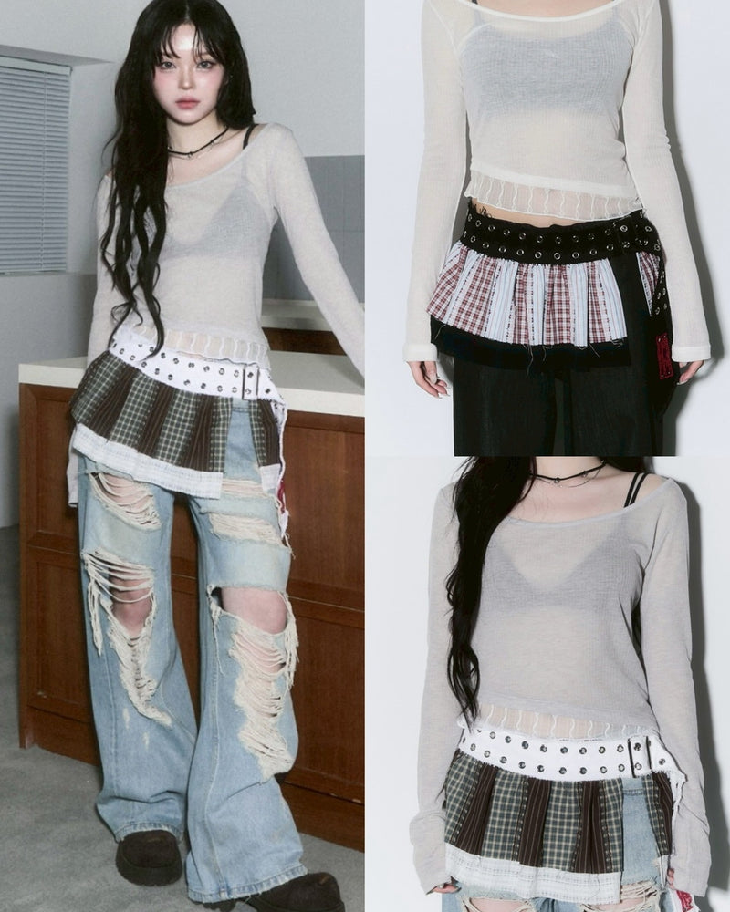 【CHERRYQUIRI】sheer layered unbal sleeve / 【チェリーキュリー】シアーレイヤードアンバランス長袖トップス