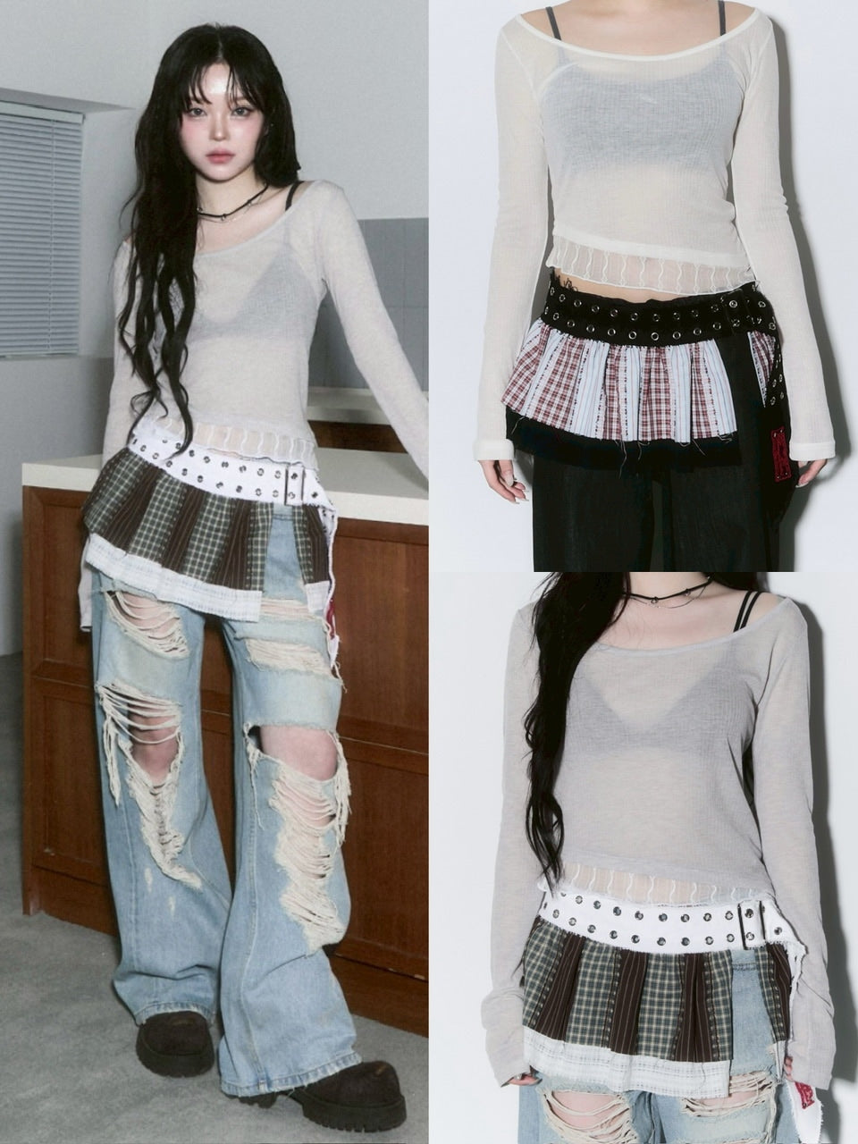 【CHERRYQUIRI】sheer layered unbal sleeve / 【チェリーキュリー】シアーレイヤードアンバランス長袖トップス