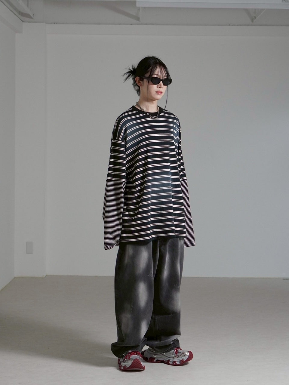 【Chikashitsu +】oversized layered border washed long sleeve / 【チカシツプラス】オーバーサイズウォッシュドレイヤードボーダー長袖Tシャツ(2color)