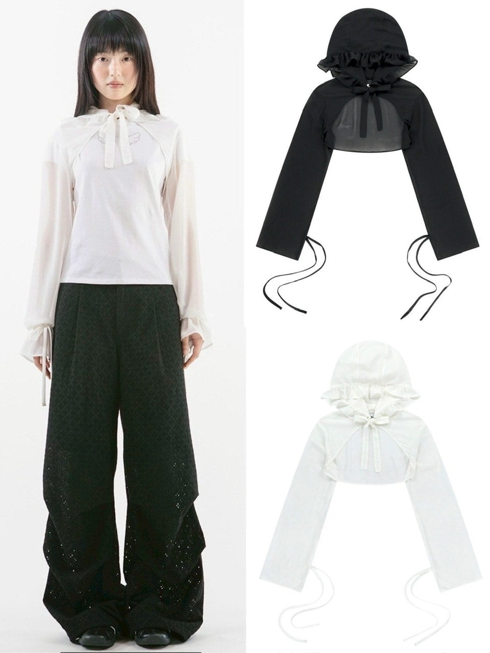 【TUOMIO】CHIFFON HOODED BOLERO / 【トゥオミオ】シフォンフードボレロ