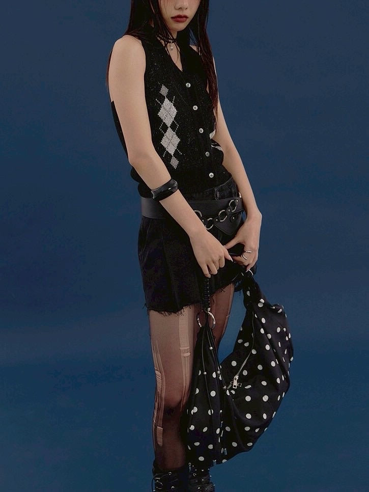 【NOT KNOWING】Argyle Linen Knit Halter Top / 【ノットノーイング】アーガイルリネンニットホルターベスト