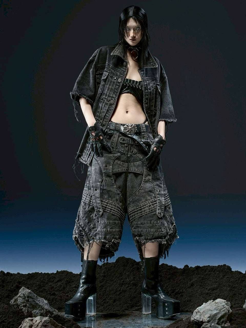 1/2 20:00再販【RICH】Knight Wide Waxed Short Pants/ 【リッチ】デザインデニムダメージハーフパンツ