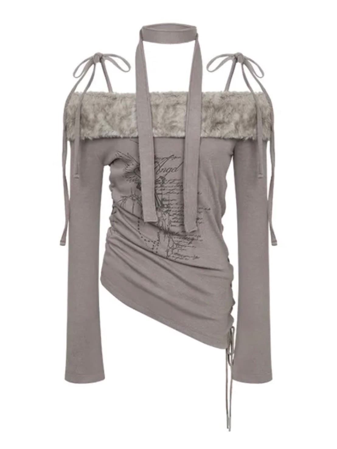 【NOT KNOWING】Fur Off Shoulder Lace Up Top