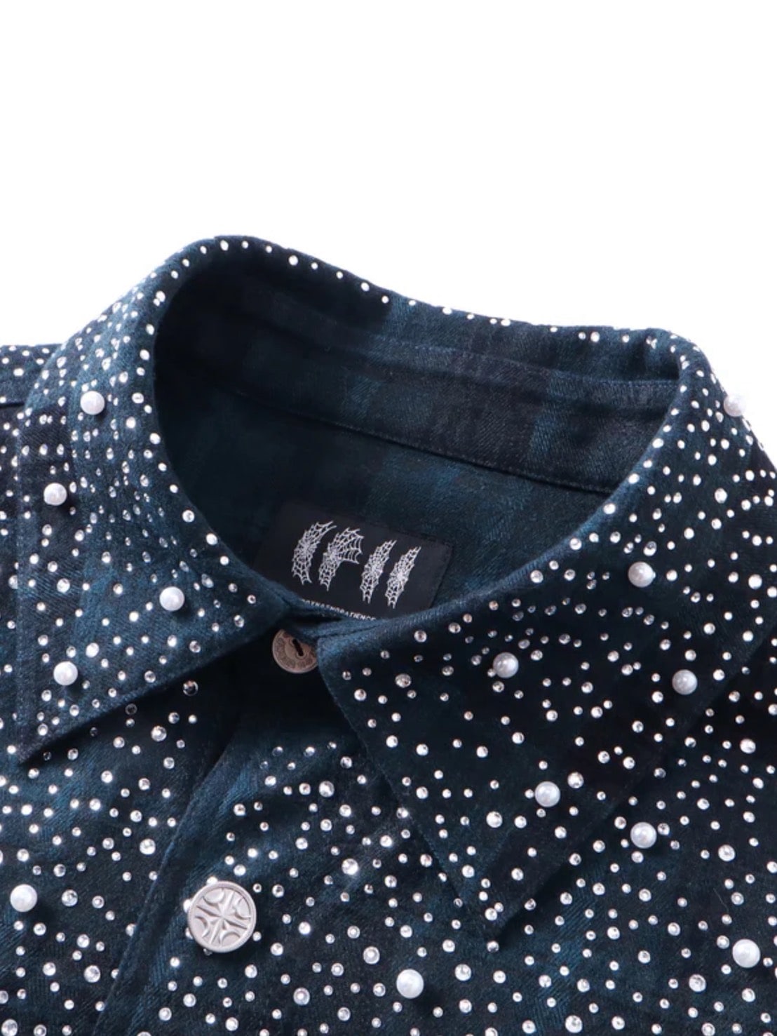 【The Boy Has No Patience】TBHNP LUMINOUS DAWN RHINESTONE PEARL BAT PATTERN L-S SHIRT / 【ザボーイハズノーペーシェンス】ラインストーンチェックシャツ