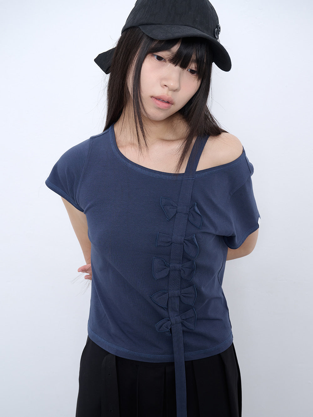 6/8 21:00発売【TUOMIO】RIBBON OFF SHOULDER T-SHIRT