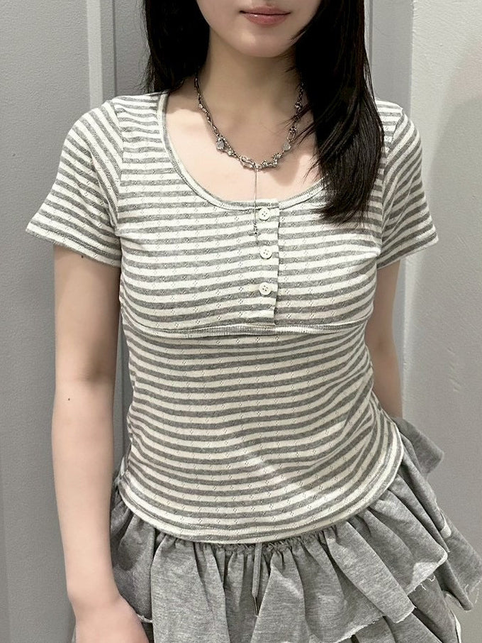 7/4 20:00発売 受注制【nmtc+】Stripe U-Neck Button Tee (2color)