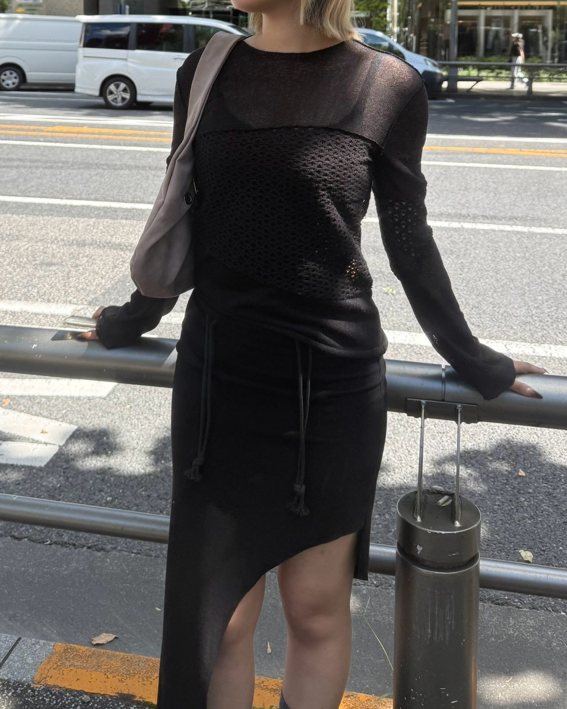 受注制【OaKS】mesh patchwork sheer knit (2color)