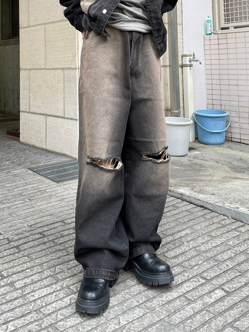 受注制【Chikashitsu +】vintage wash damage denim pants (2color)