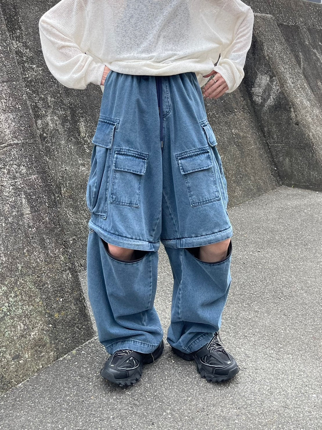 受注制【Chikashitsu +】2way heavy pocket denim cargo pants (2color)