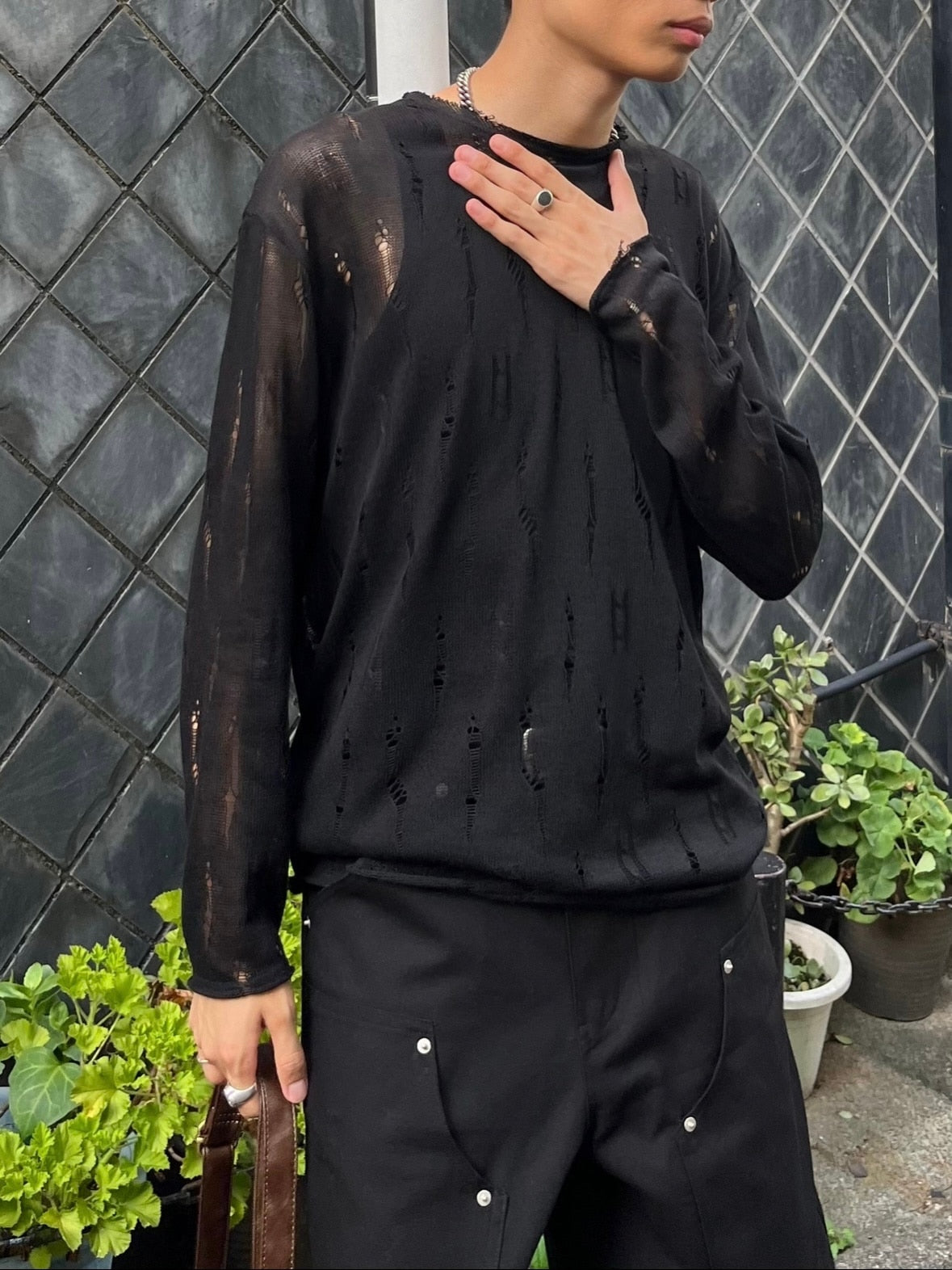 受注制【Chikashitsu +】shoulder button damage summer knit (3color)