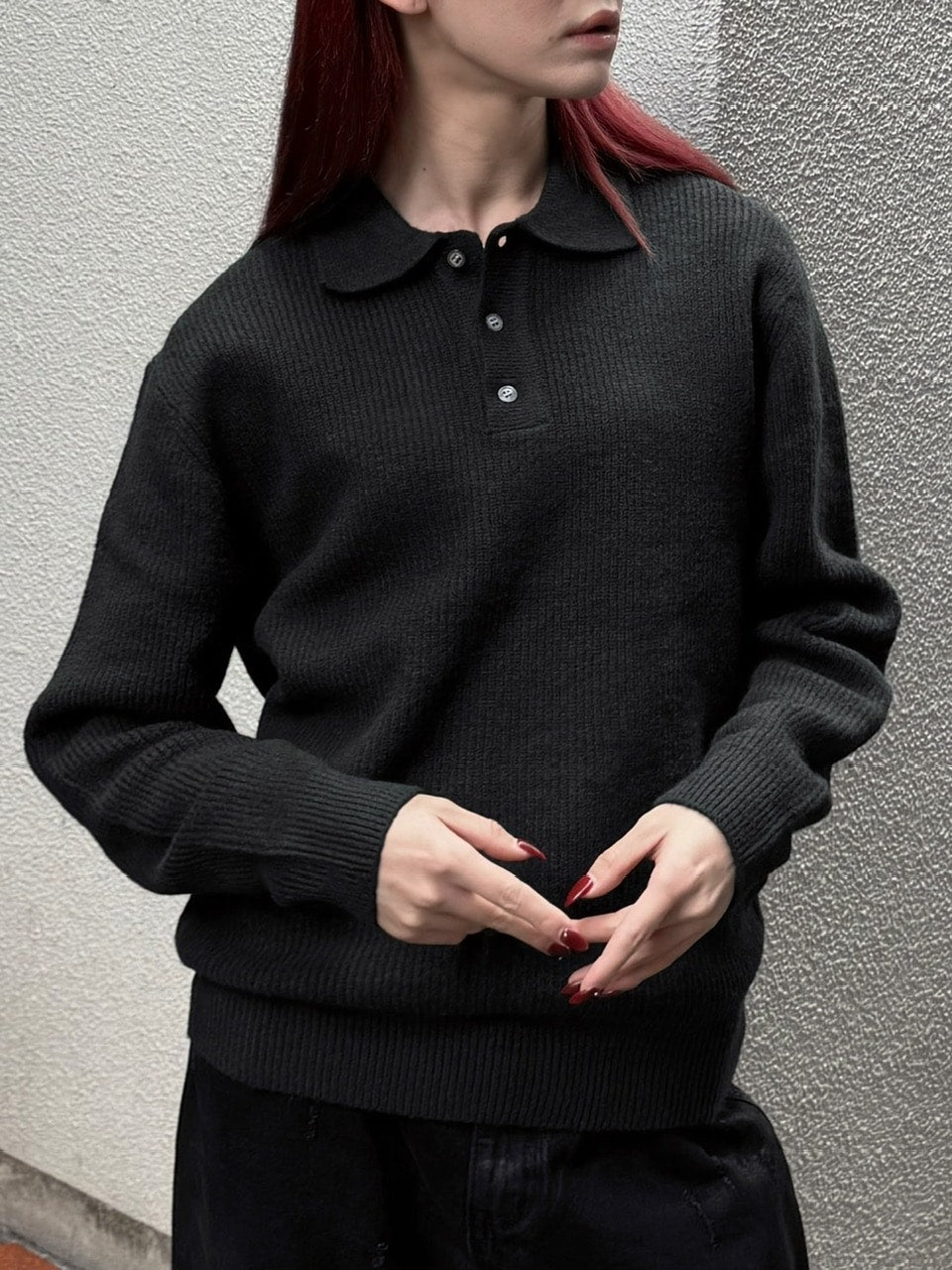受注制【Chikashitsu +】wool touch lib knit polo (4color) / 【チカシツプラス】ウールタッチリブ長袖ニット