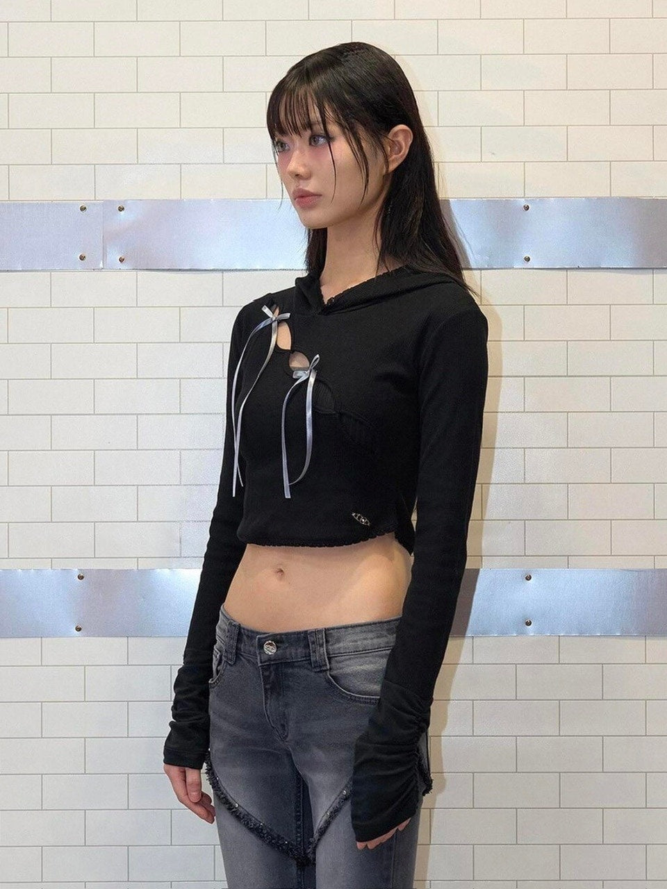 【CHERRYQUIRI】wave lace ribbon hoody / 【チェリーキュリー】ウェイブレースリボン長袖パーカー