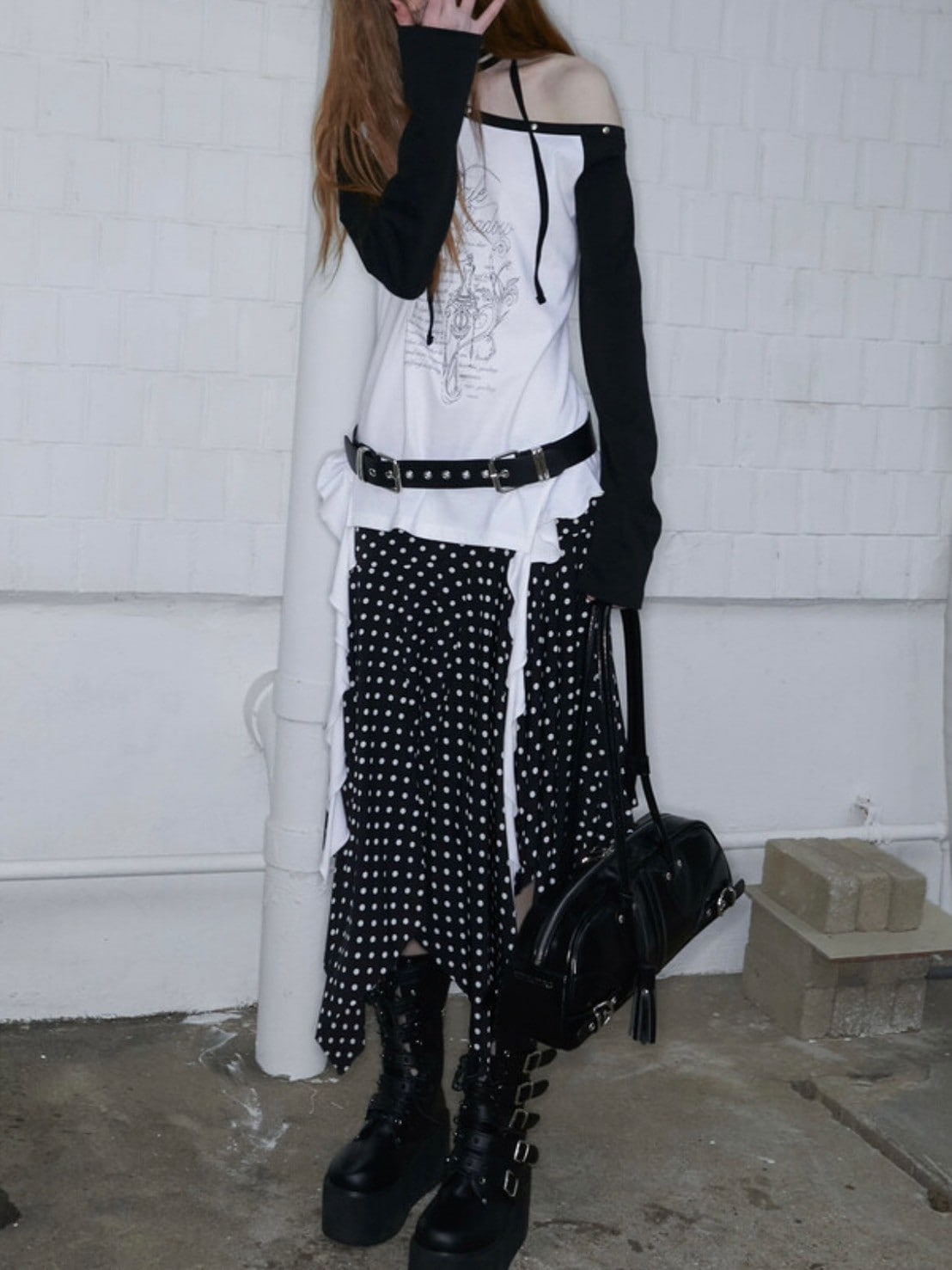 【NOT KNOWING】One Shoulder Raglan Ruffle Top / 【ノットノーイング】ワンショルダーラグランラッフル長袖Ｔシャツ